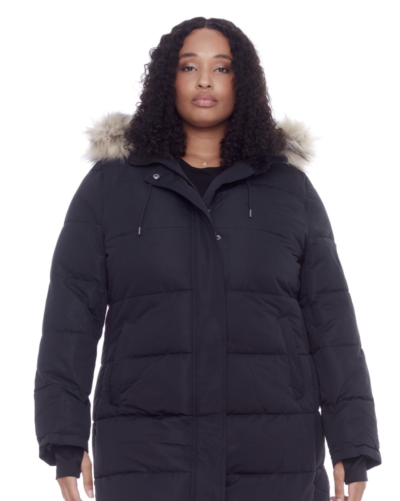 Front of a model wearing a size 2X Women's Plus Size - AULAVIK | Vegan Down Recycled Mid-Length Hooded Parka Coat in Black by Alpine North. | dia_product_style_image_id:320709